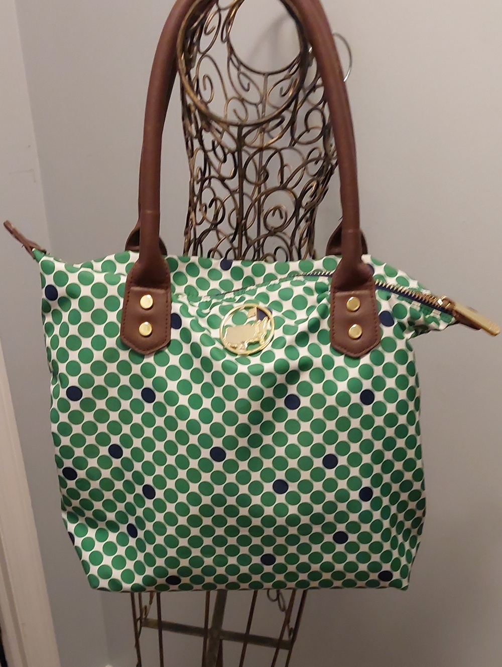 Green Polka Dot Tote with Brown Handles and Gold Accent